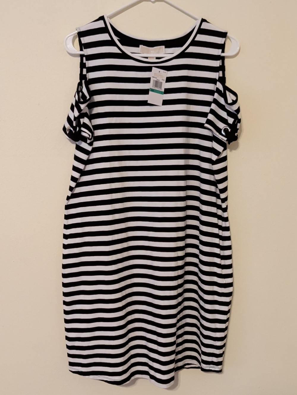 Michael Kors Cold Shoulder Black and White Striped Stretch Knit Dress